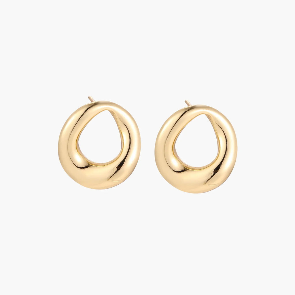Pair of polished 18K gold-plated stainless steel teardrop earrings with hollow centers on cream background