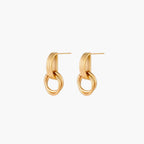 Gold stud earrings with vertical ridged bar connecting to triple interlocking circular rings on white background