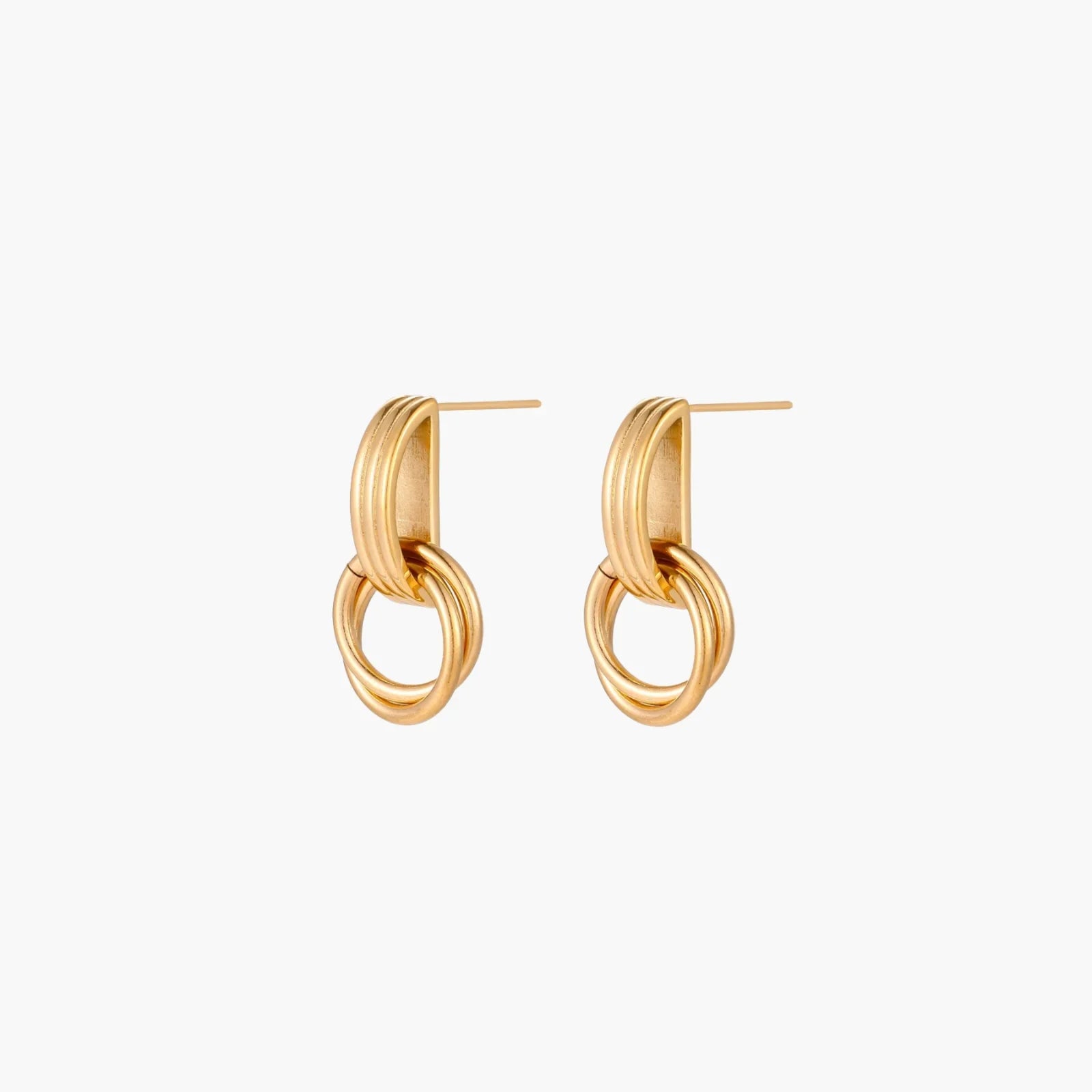 Gold stud earrings with vertical ridged bar connecting to triple interlocking circular rings on white background