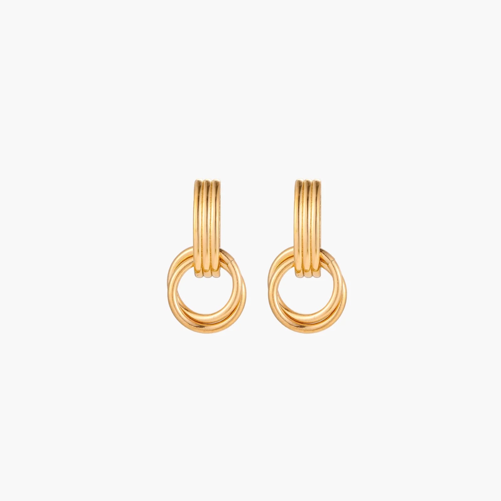 Gold stud earrings with vertical ridged bar connecting to triple interlocking circular rings on white background