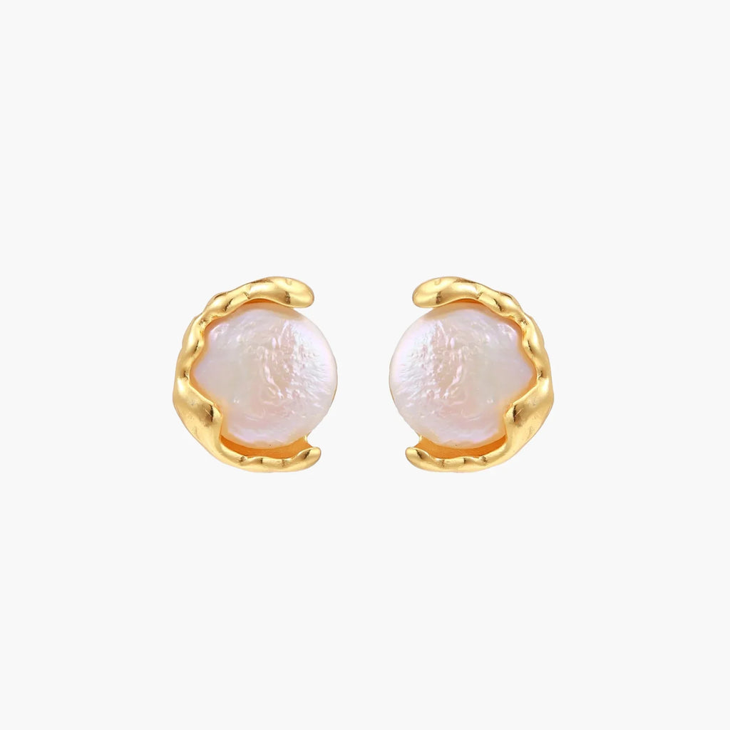 Gold vermeil studs with lustrous pink freshwater pearls in organic crescent settings
