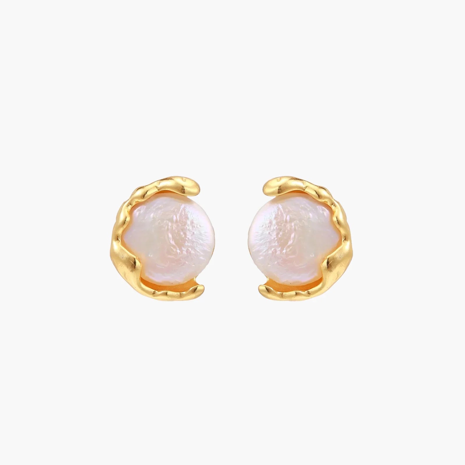 Gold vermeil studs with lustrous pink freshwater pearls in organic crescent settings