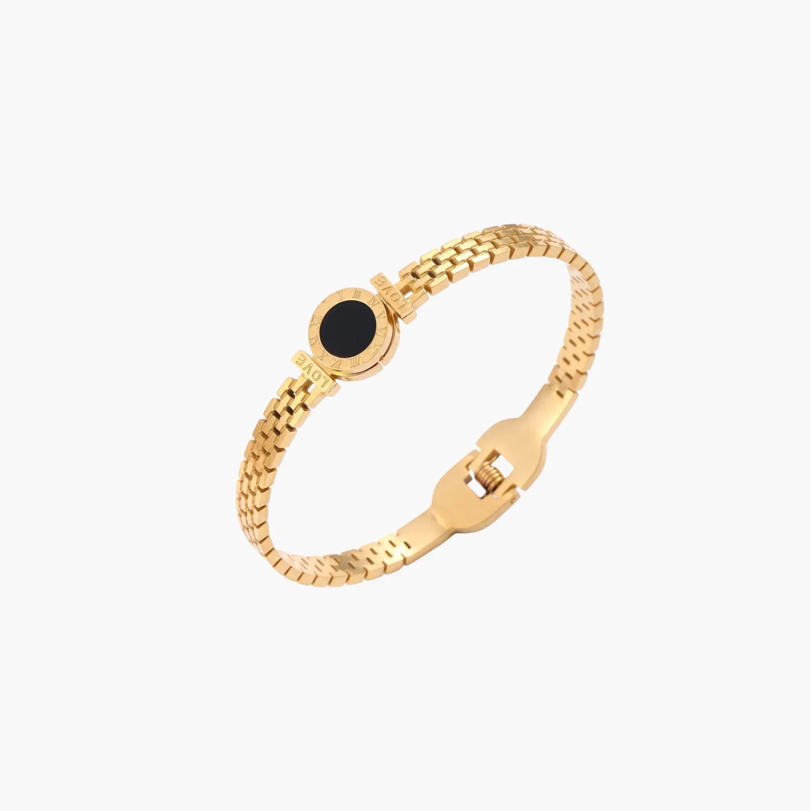 Gold mesh bracelet with circular black mother of pearl medallion featuring Roman numeral engravings and hinged clasp