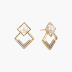Gold-plated double square frame earrings with freshwater pearl and crystal accents on white background