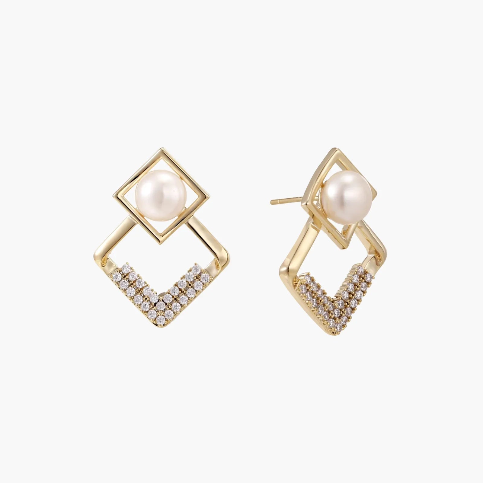 Gold-plated double square frame earrings with freshwater pearl and crystal accents on white background