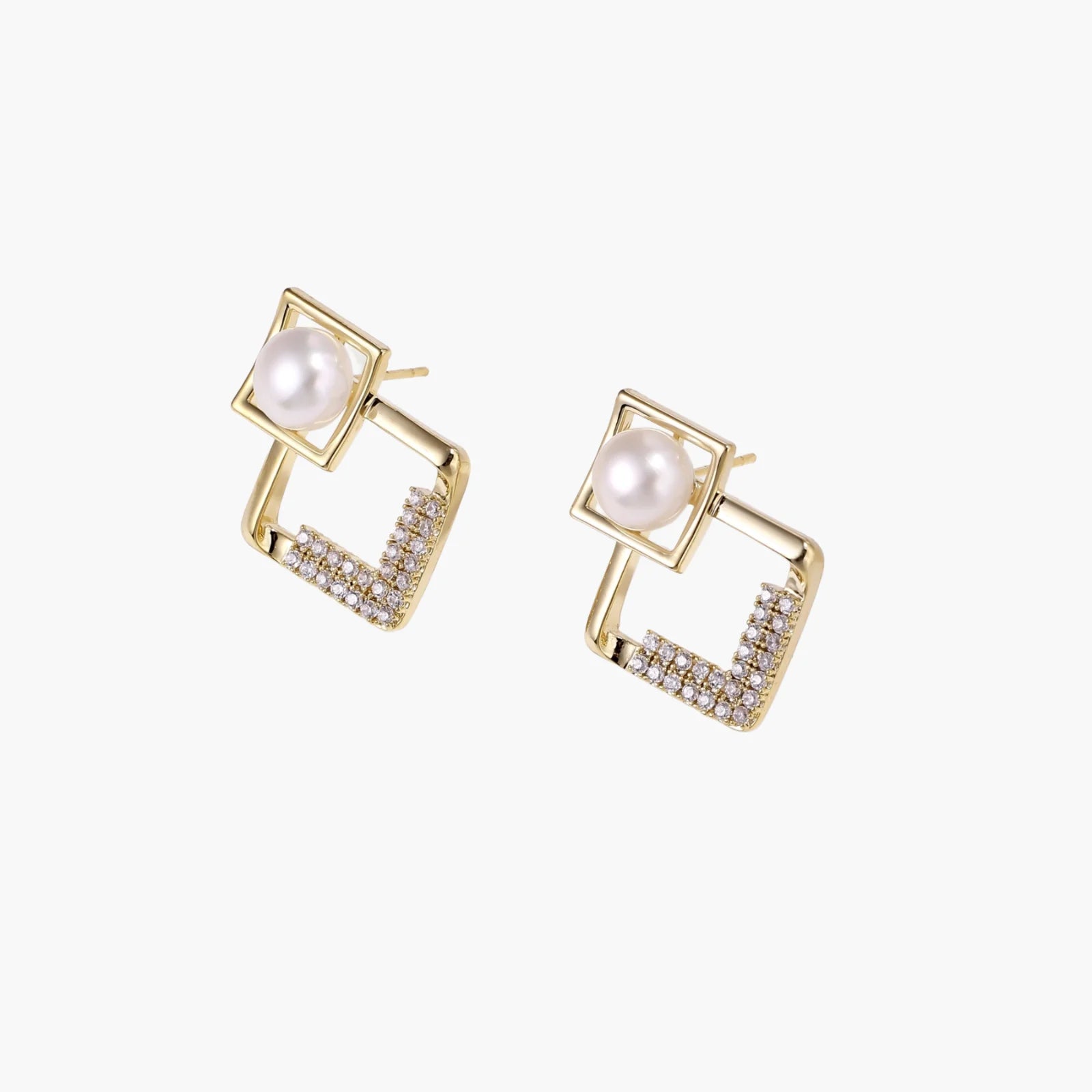 Gold-plated double square frame earrings with freshwater pearl and crystal accents on white background