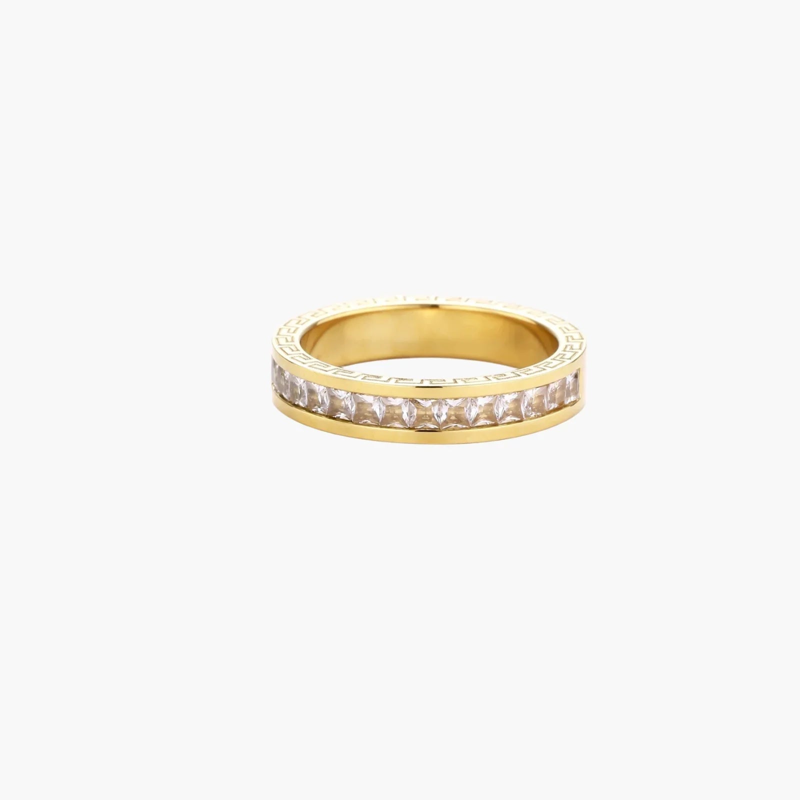 14K gold-plated band with channel-set zirconia and Greek key pattern engraving on polished finish