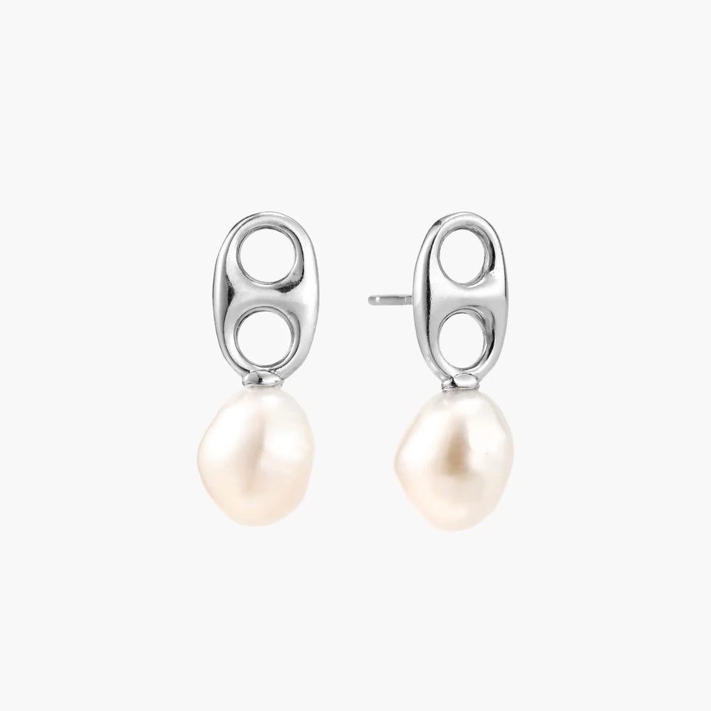 Modern rhodium-plated silver earrings with geometric double-circle design and freshwater pearl drops