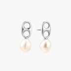 Modern rhodium-plated silver earrings with geometric double-circle design and freshwater pearl drops