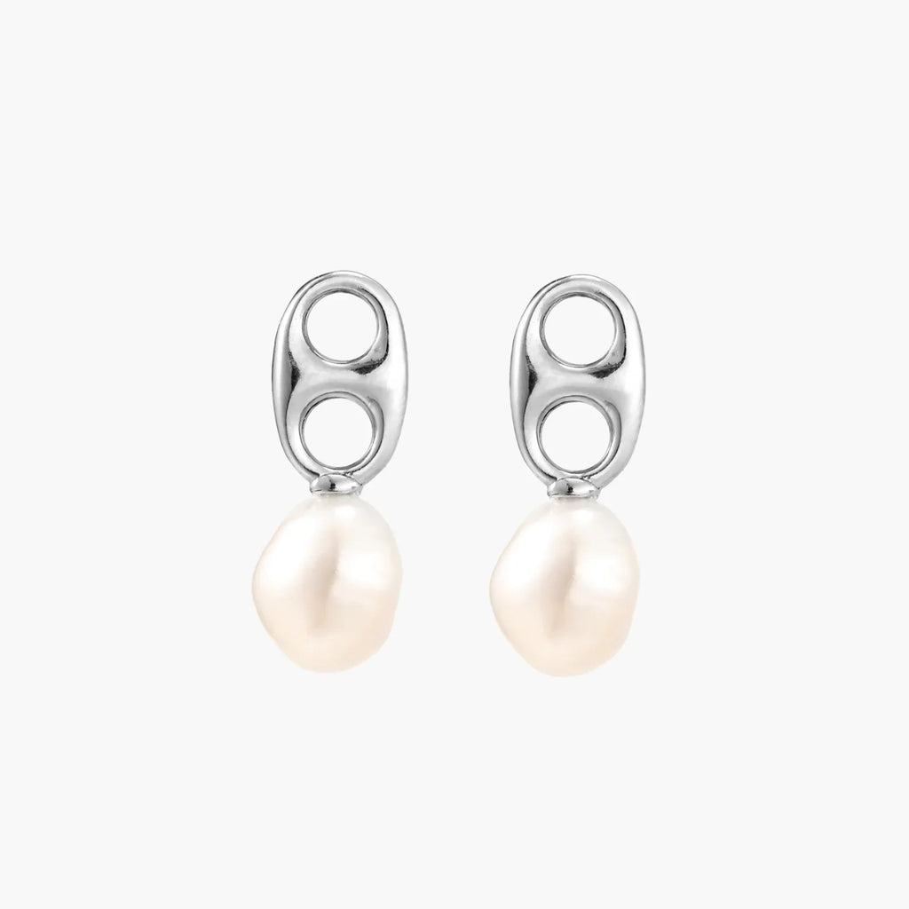 Modern rhodium-plated silver earrings with geometric double-circle design and freshwater pearl drops