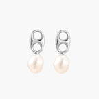 Modern rhodium-plated silver earrings with geometric double-circle design and freshwater pearl drops