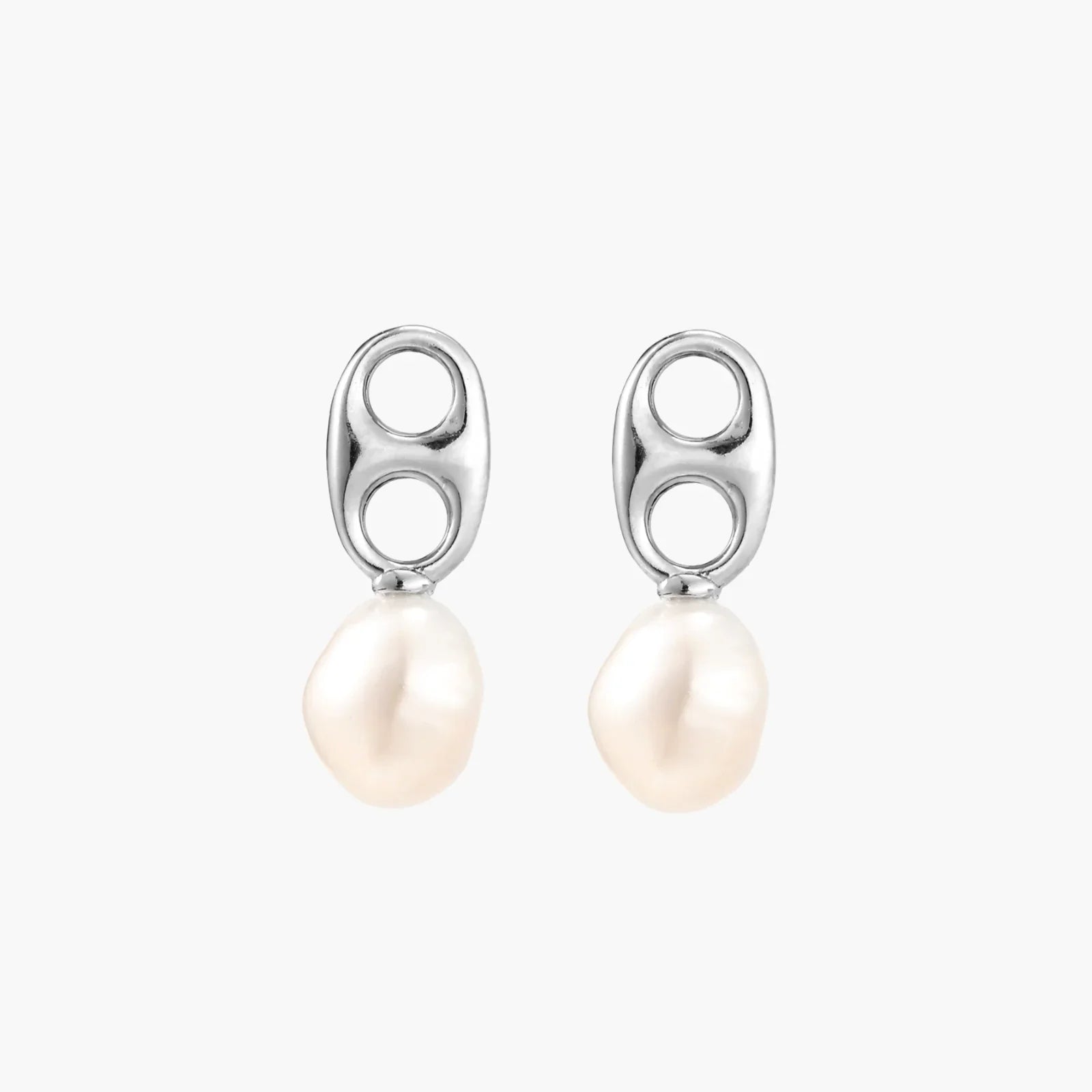 Modern rhodium-plated silver earrings with geometric double-circle design and freshwater pearl drops