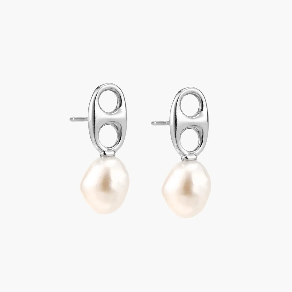 Modern rhodium-plated silver earrings with geometric double-circle design and freshwater pearl drops