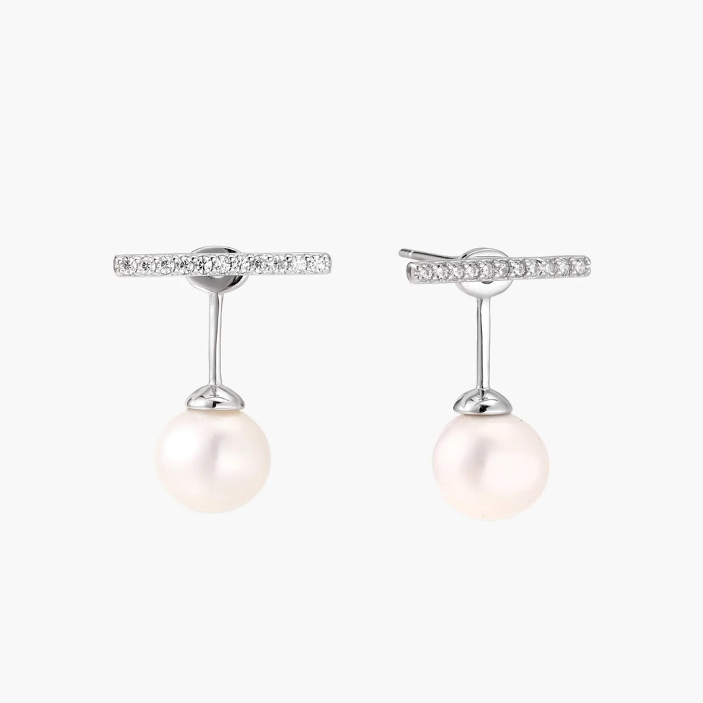 Rhodium-plated sterling silver ear jacket earrings with diamond-set horizontal bar and freshwater pearl drop