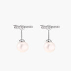 Rhodium-plated sterling silver ear jacket earrings with diamond-set horizontal bar and freshwater pearl drop