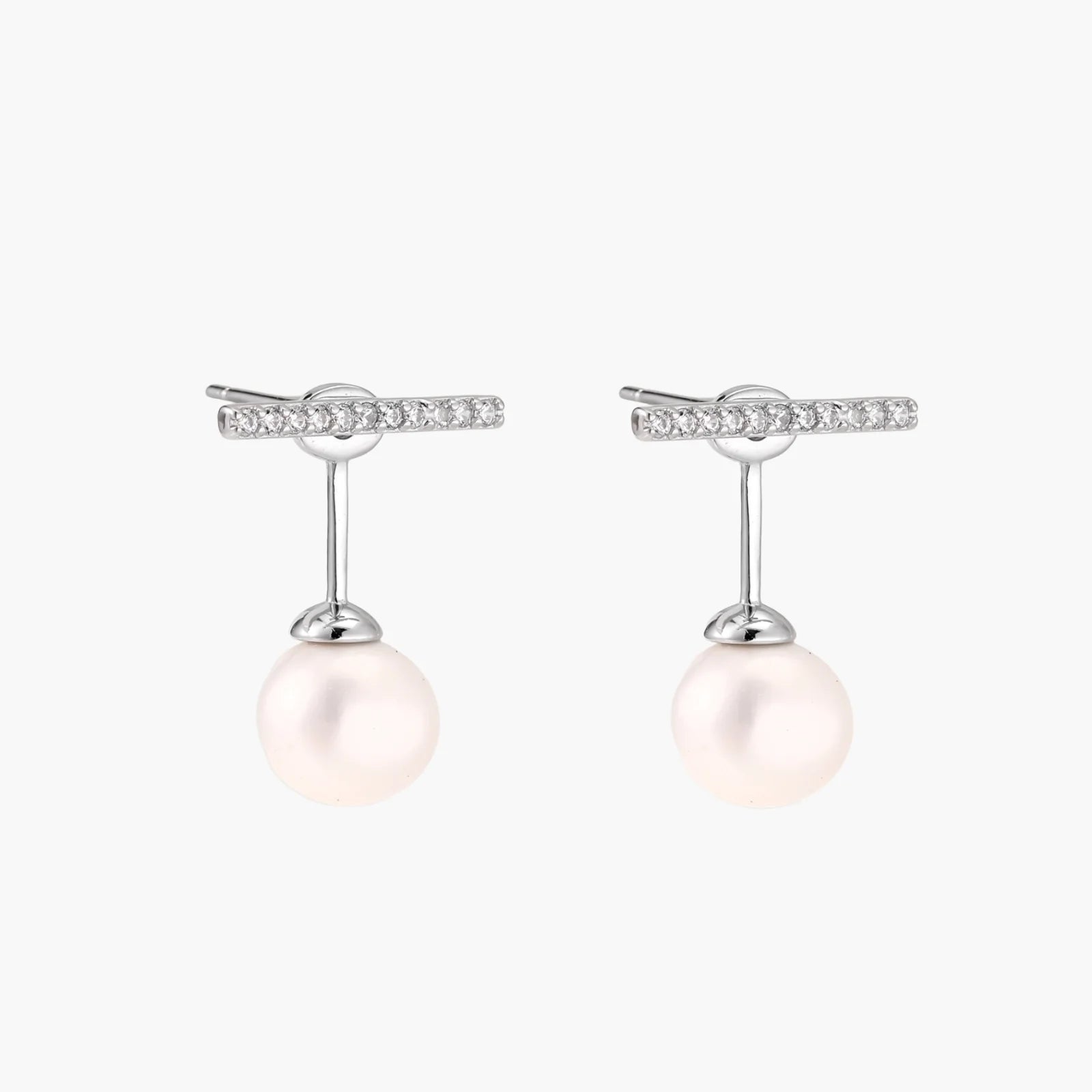 Rhodium-plated sterling silver ear jacket earrings with diamond-set horizontal bar and freshwater pearl drop