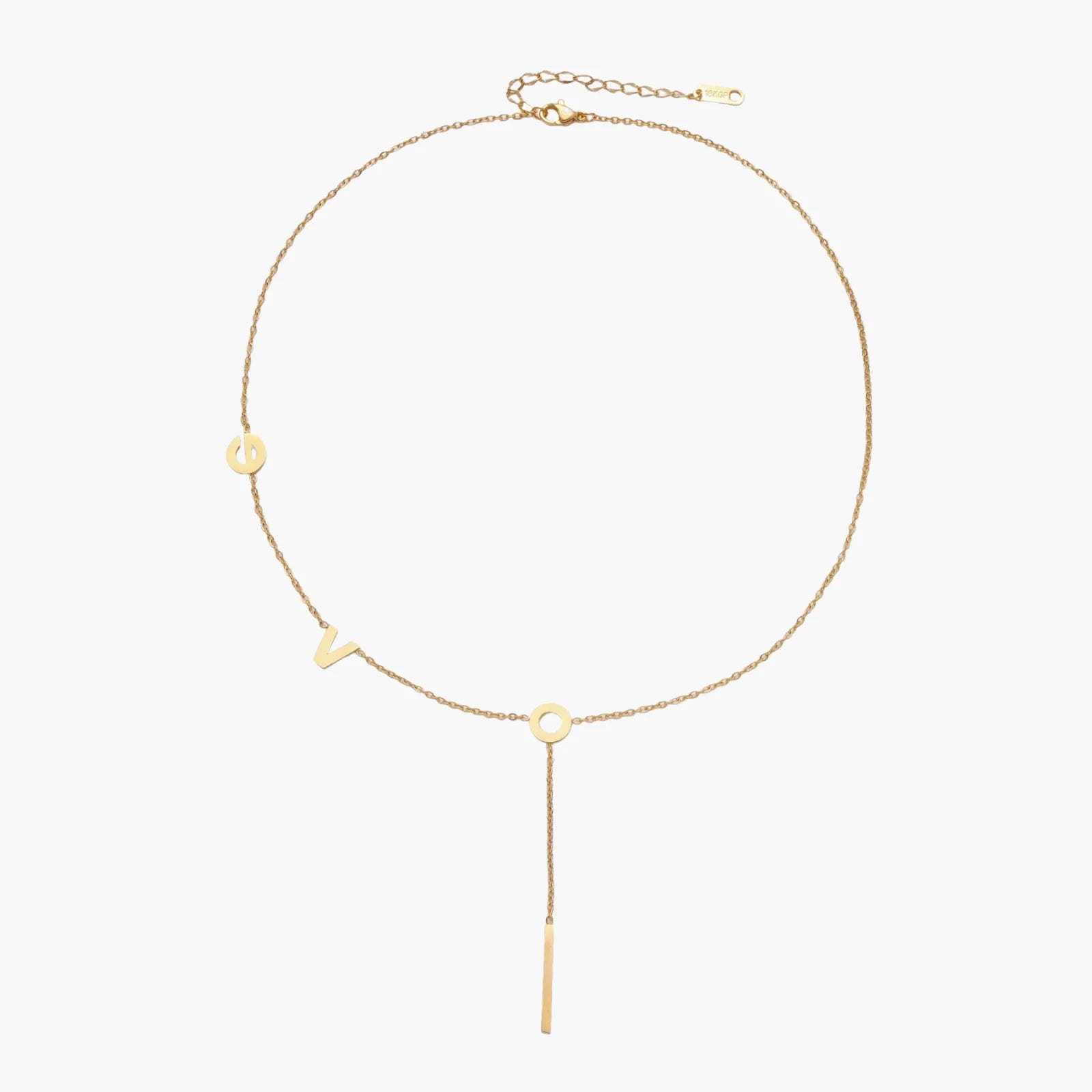 Gold Y-shaped necklace with L-O-V-E letter charms and vertical bar pendant on delicate chain against cream background