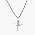 Silver-tone necklace with dimensional orb pendant, cross crown detail, and zirconia stones on twisted rope chain
