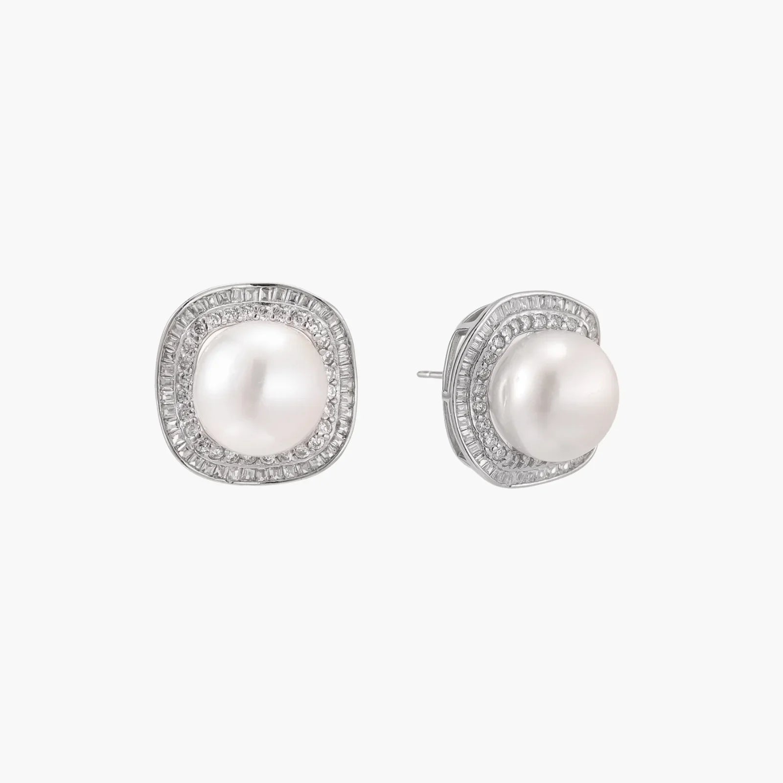 Cushion-shaped sterling silver stud earrings with freshwater pearls surrounded by geometric diamond halos
