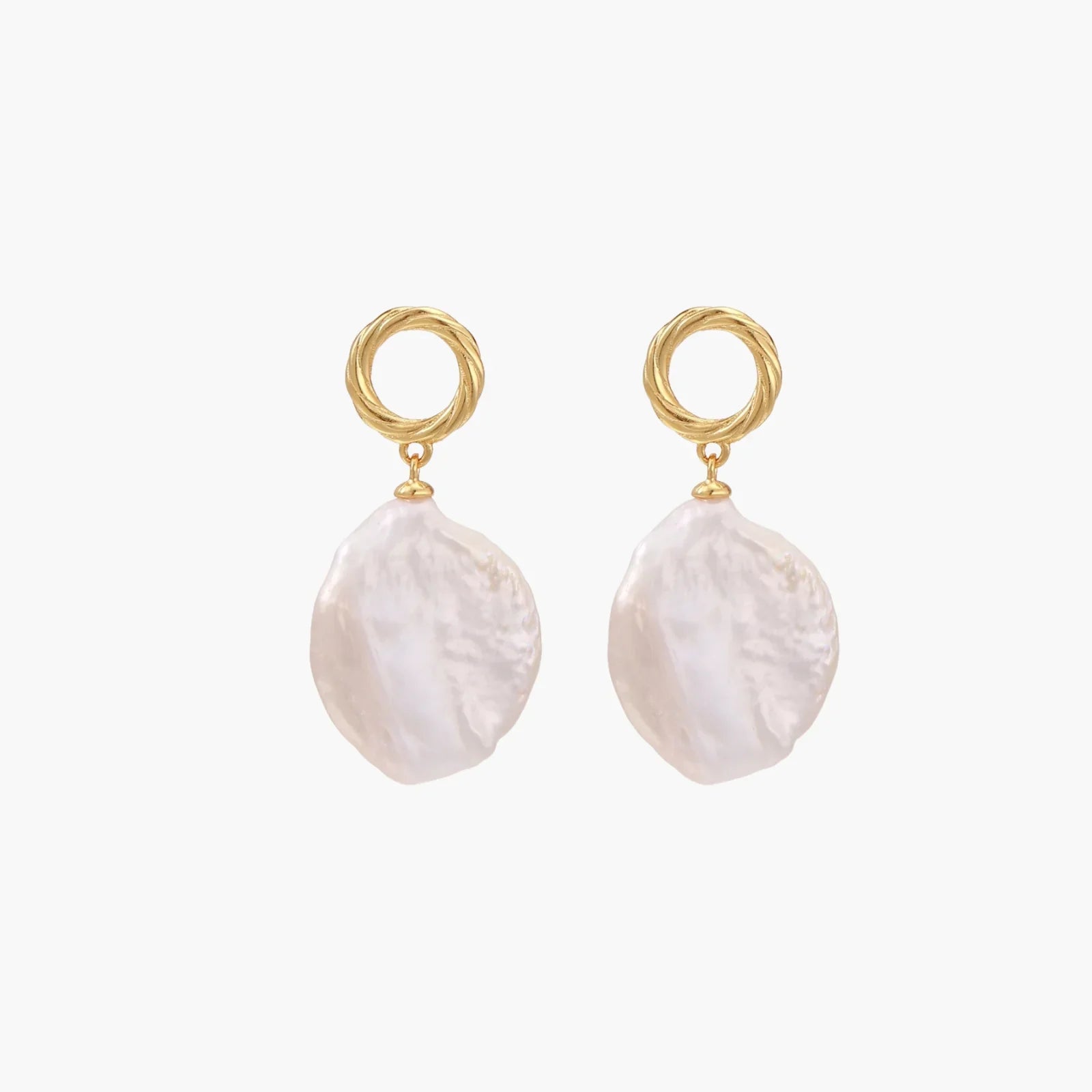 18K gold vermeil twisted circle studs with organic white baroque pearl drops on cream background