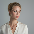 Woman wearing a white blouse and necklace against a gray background