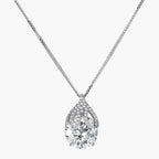Sterling silver necklace featuring a large pear-shaped moissanite stone in an ornate setting with smaller accent stones