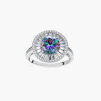 Close-up of sterling silver halo ring with round rainbow moissanite center stone surrounded by baguette-cut stones
