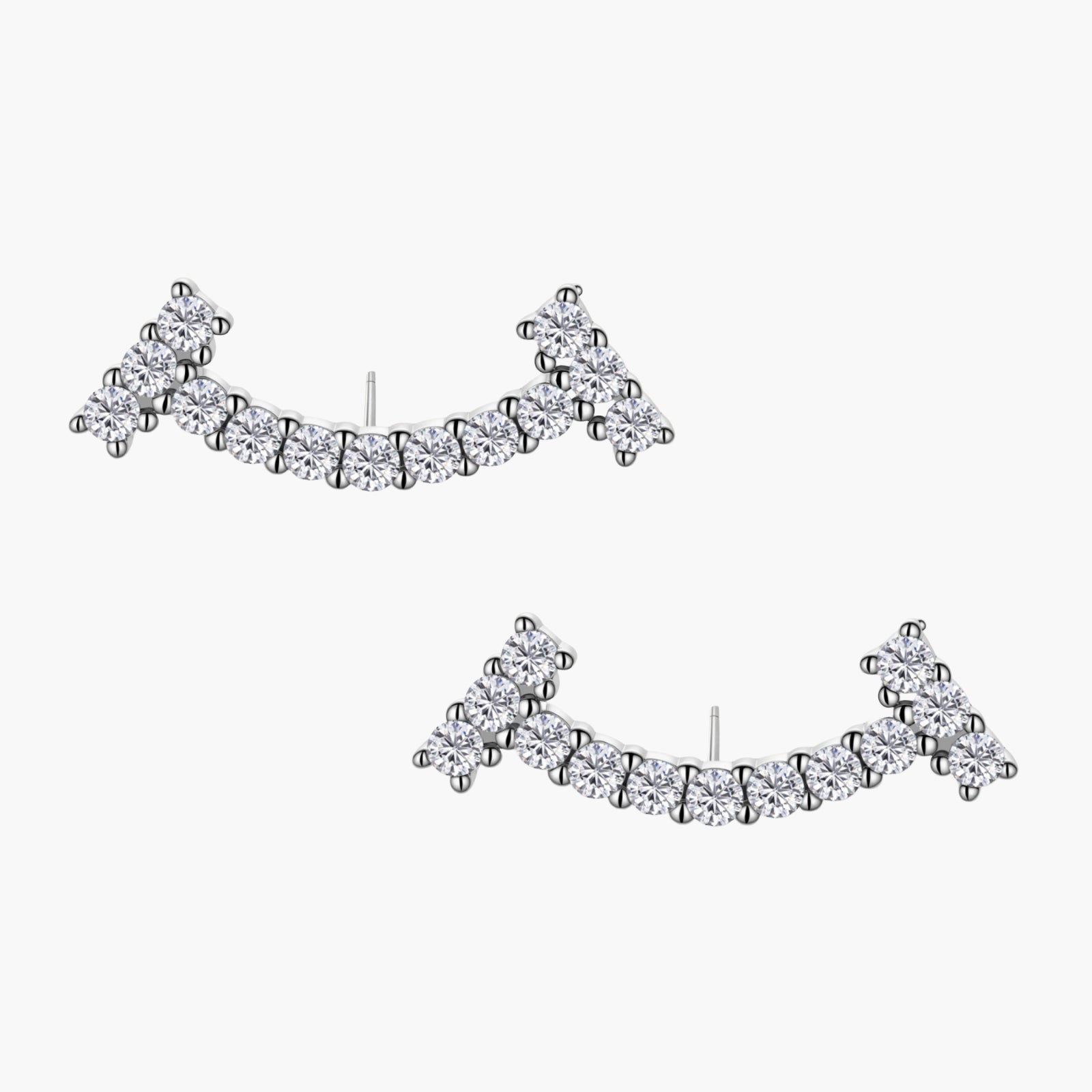 Curved sterling silver ear climbers with moissanite stones arranged in elegant arc shape on white background