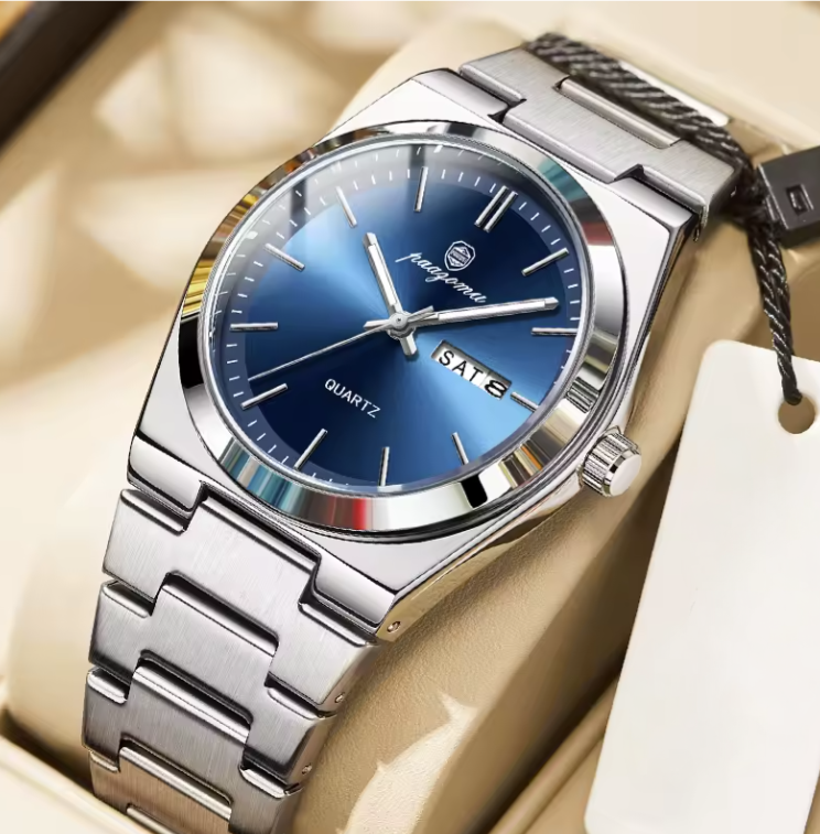 Stainless Steel Quartz Watch - Waterproof, Luminous, Date & Week Display, Elegant Fashion Wristwatch