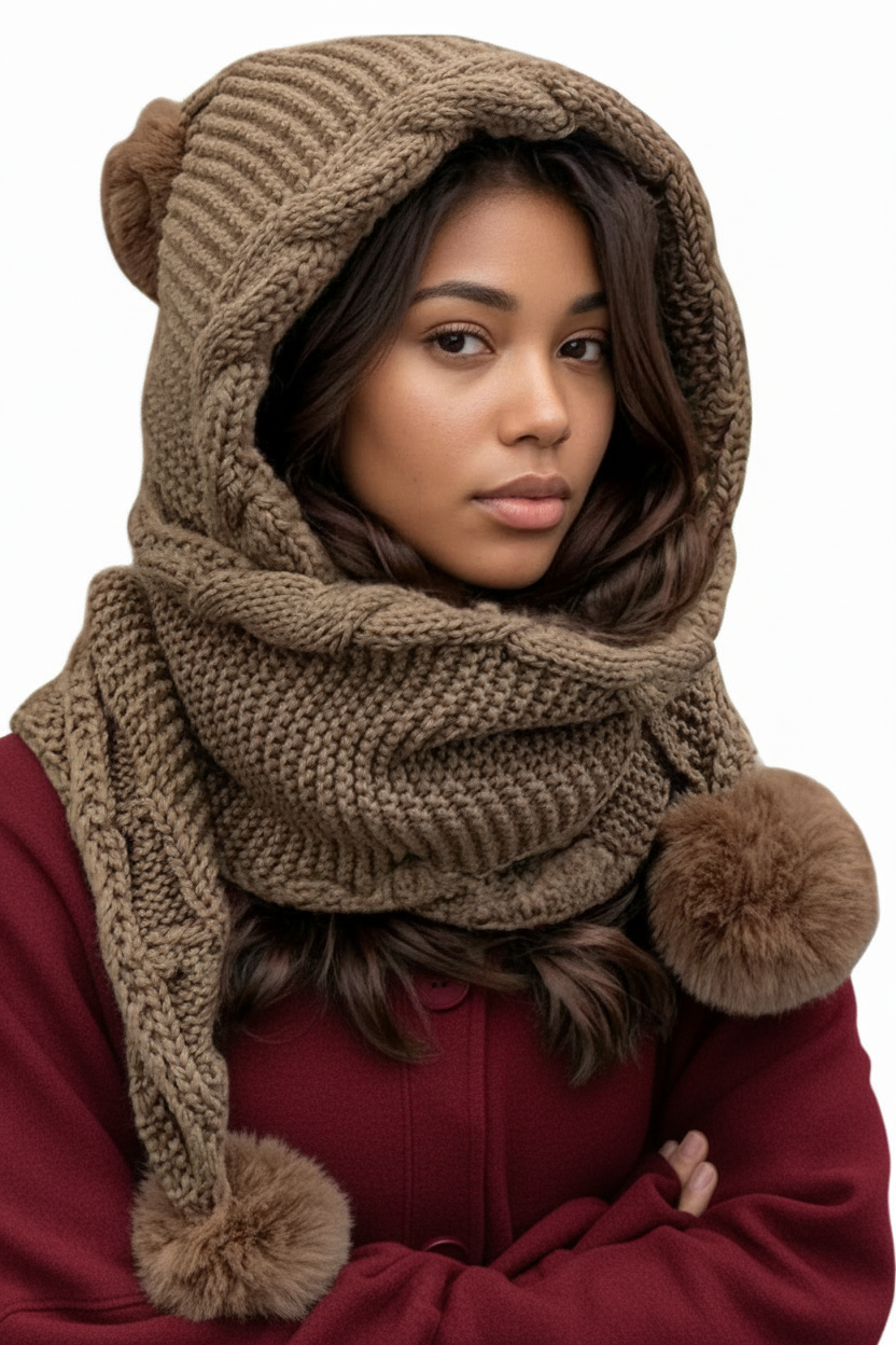 Thermal Pom Beanie with Integrated Scarf  - Winter Hat & Balaclava Set for Cold