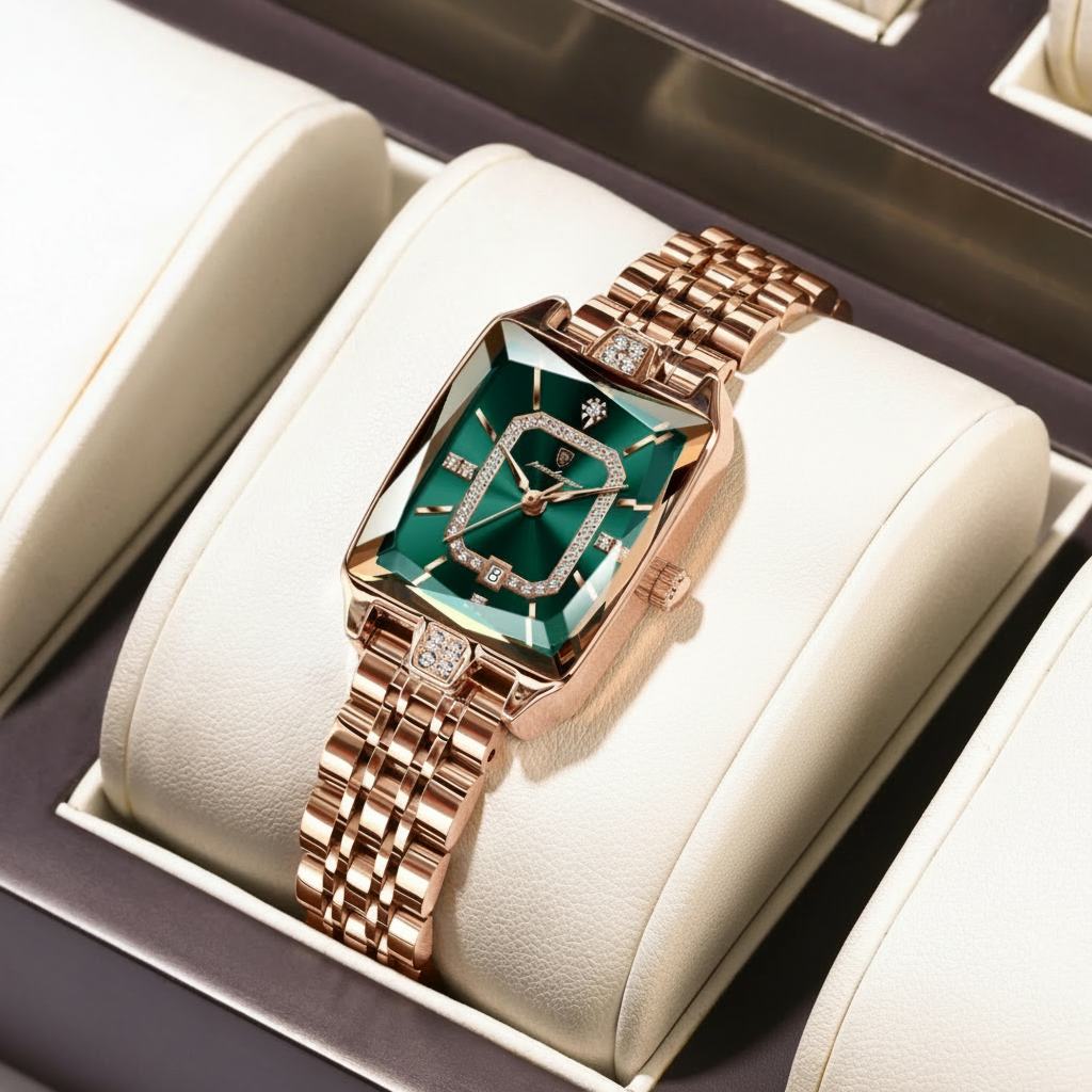 Luxury watch with green face and rose gold band in a display case
