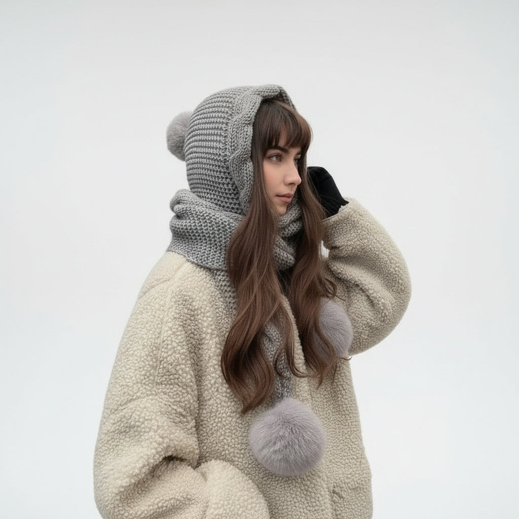 Thermal Pom Beanie with Integrated Scarf  - Winter Hat & Balaclava Set for Cold