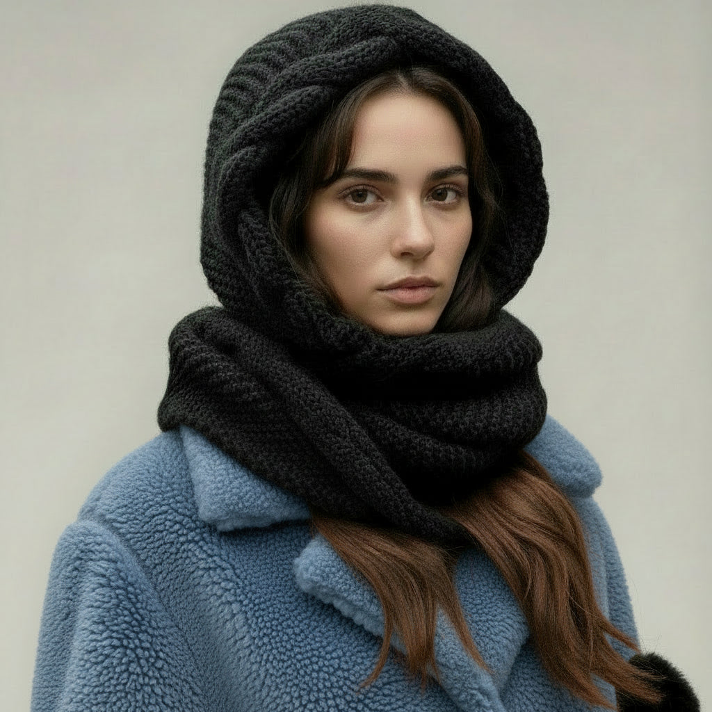 Thermal Pom Beanie with Integrated Scarf  - Winter Hat & Balaclava Set for Cold