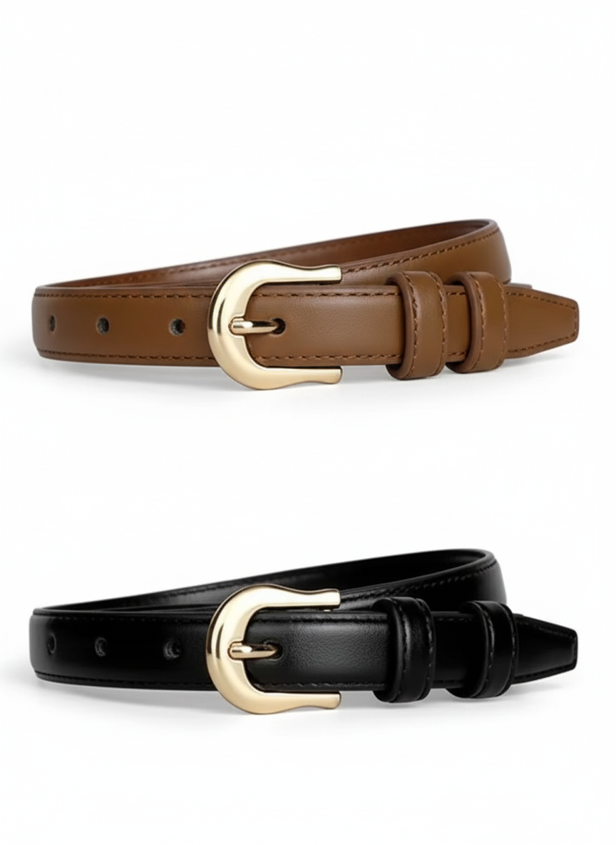 Brown and black belts with gold buckles on a light gray background