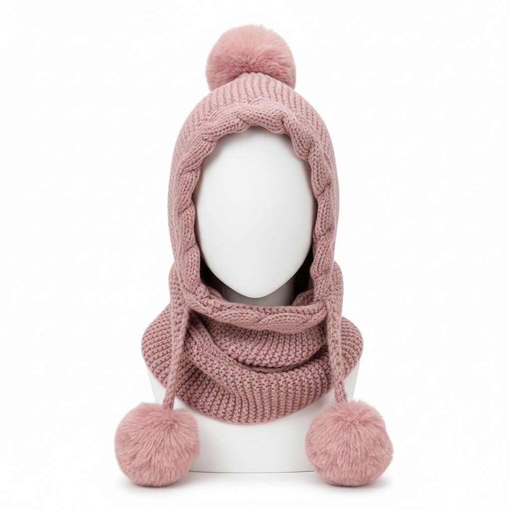 Thermal Pom Beanie with Integrated Scarf  - Winter Hat & Balaclava Set for Cold