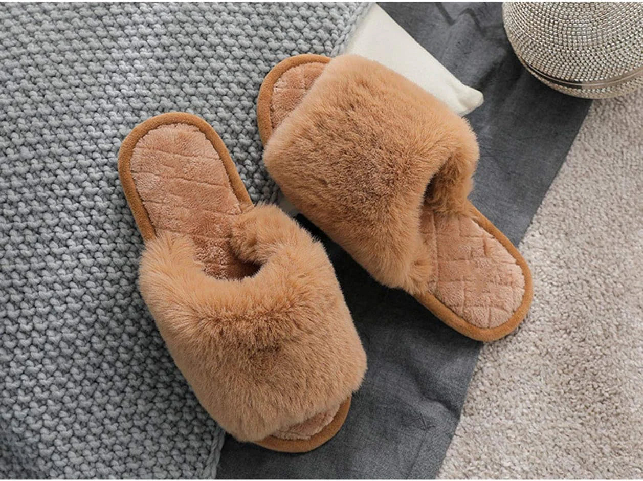 Fuzzy Fur Open Toe Slippers