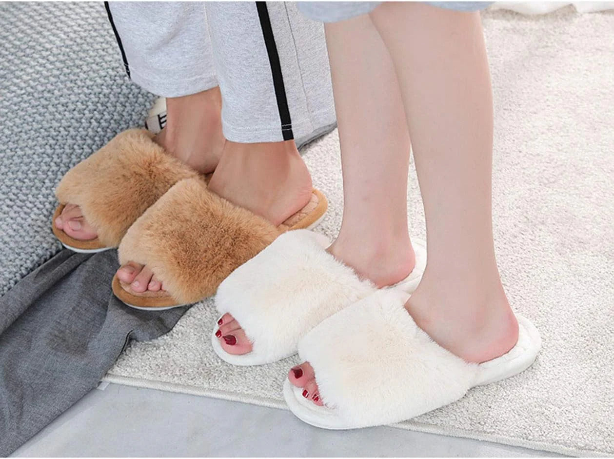 Fuzzy Fur Open Toe Slippers
