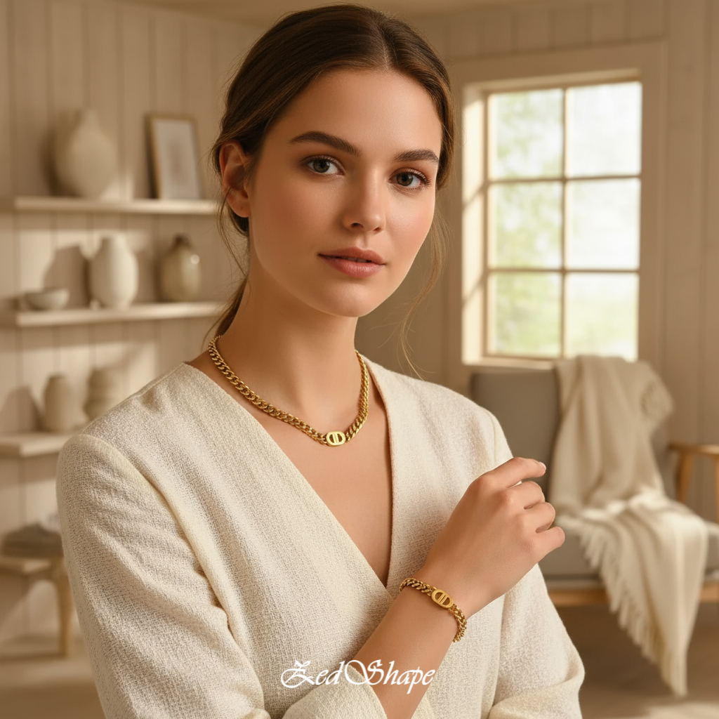 Woman wearing gold jewelry in a cozy room with neutral tones