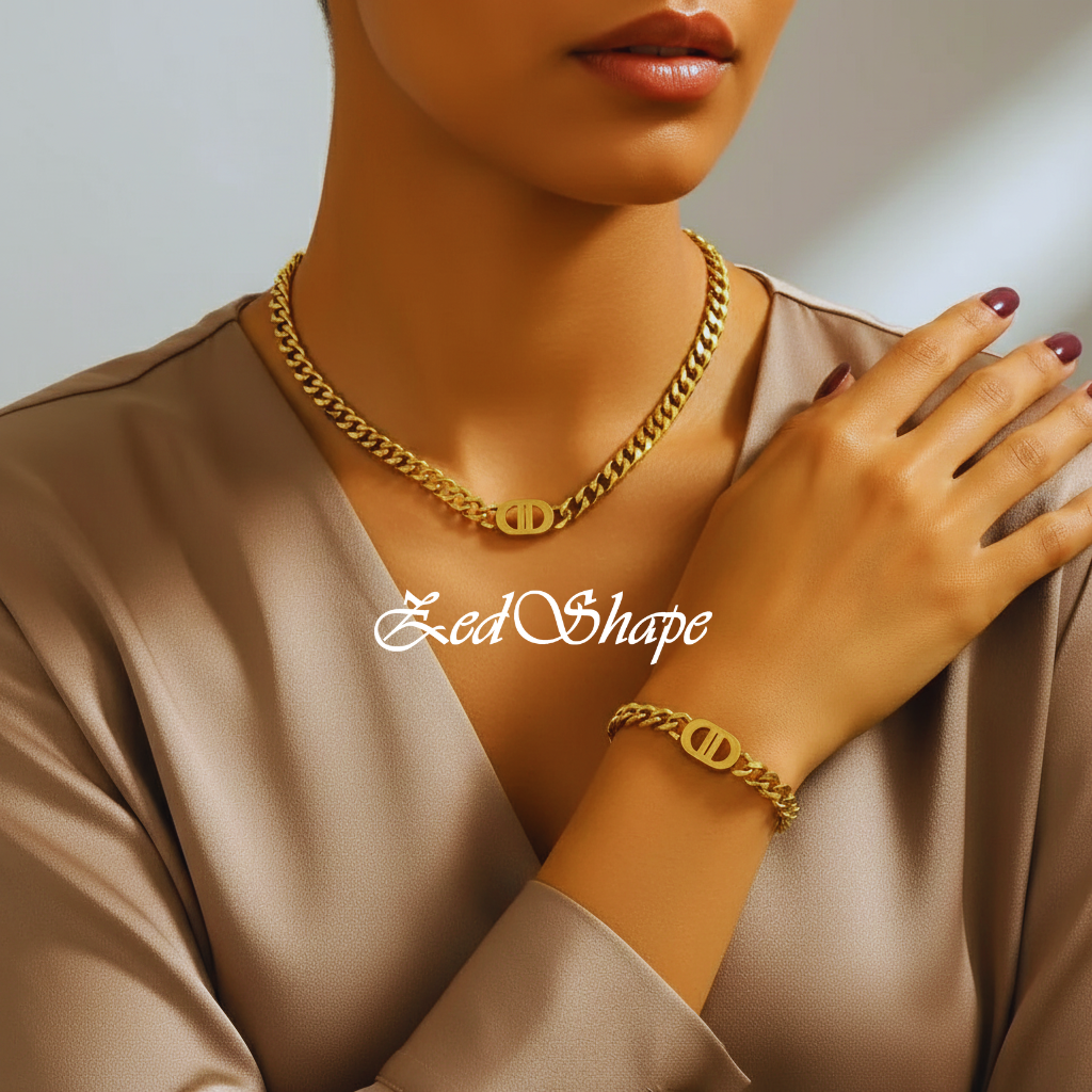 Gold chain necklace and bracelet on a neutral background with 'ZedShape' branding.
