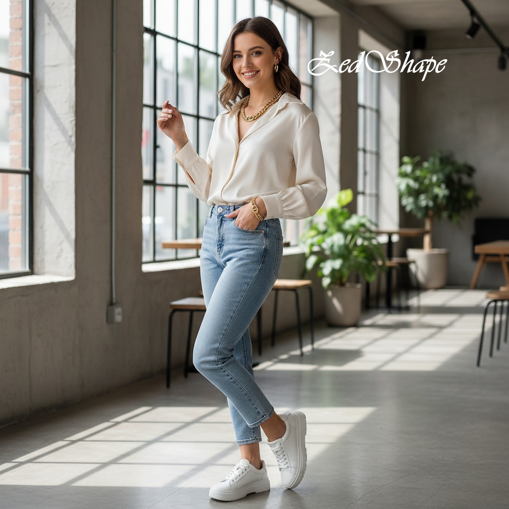 Woman in a white blouse and blue jeans standing in a bright room with large windows.